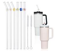 DUMING-IN Paquete de 6 pajitas de vidrio de repuesto para vaso Stanley de 40 onzas y 30 onzas, pajitas de cristal con abalorios, pajita Stanley con cepillo de limpieza, accesorios para tazas Stanley