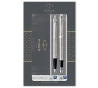 Parker Dúo IM – Bolígrafo medio y pluma (plumín mediano), acero inoxidable cromado, tinta azul