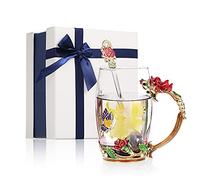 Duokon Taza de vidrio rosa, taza de té de vidrio con cuchara, tazas de café de vidrio transparente con flores rosas hechas a mano, taza de té, regalo para mamá y novia(Rosa roja)