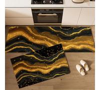 DUOTCYELE 2 Piezas Alfombras Cocina Mármol Negro Y Dorado, Antideslizantes Lavable Tapete De Cocina, Arte Fluido Moderno, Alfombra De Cocinas para Piso, Oficina 50x80cm+50x150cm