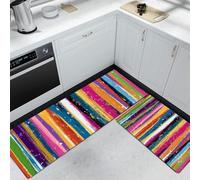 DUOTCYELE 2 Piezas Alfombras Cocina Rayas Arcoíris De Acuarela, Alfombra Pasillo Estilo Grafiti Americano, Alfombra Cocina Lavable Antideslizante para Lavadero Y Pasillo 50x80cm+50x150cm