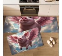 DUOTCYELE Alfombra Cocina Lavable Antideslizante Pack De 2 - Alfombrillas De Cocina Alas De Cerdo, Lindo Animal De Cuento De Hadas, Lavables, para Fregaderos, Cocina, Lavandería,50x80cm+50x150cm