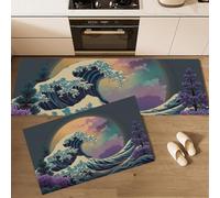 DUOTCYELE Alfombra Cocina Lavable Antideslizante Pack De 2 - Alfombrillas De Cocina Luna Llena Olas del Océano, Estilo Japonés Ukiyo-E, Lavables, para Fregaderos, Cocina, Lavandería,50x80cm+50x150cm