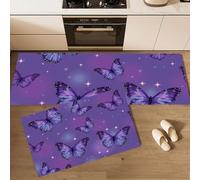 DUOTCYELE Alfombra Cocina Lavable Antideslizante Pack De 2 - Alfombrillas De Cocina Luz De Estrellas Mariposas Moradas, Lindo Soñador, Lavables, para Fregaderos, Cocina, Lavandería,40x60cm+40x120cm