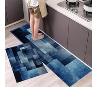 DUOTCYELE Alfombra Cocina Lavable Antideslizante Pack De 2 - Alfombrillas De Cocina Rectángulo Azul, Acuarela Geométrica Abstracta, Lavables, para Fregaderos, Cocina, Lavandería,45x75cm+45x150cm