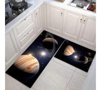 DUOTCYELE Alfombras De Cocina Júpiter Saturno, Alfombras De Pie Lavables 2 Piezas Juegos De Alfombra Espacio De Ciencia Ficción De Piso Antideslizantes para Cocina, Pasillo 50x80cm+50x150cm, Negro