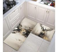 DUOTCYELE Juego De Alfombras De Cocina Ciervo Macho Bosque 2 Piezas, Alfombras Y Tapetes De Cocina Pintura De Tinta Retro Animal Antideslizantes 50x80cm+50x150cm Alfombra De Piso para Pasillo Entrada