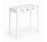 DUPI Mesa Cocina Extensible Agora | Apertura Tipo Libro | 1 Cajón | 40/80x80x76 cm | Tablero MDF 18 mm | Patas Metálicas Redondas | Blanco/Marmol