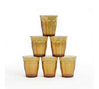 DURALEX | Set 6 Vasos de Cristal Agua 250 ml Picardie Ámbar, Vasos Bajos de Vidrio con Relieve Vintage, Ideales para Agua y Refrescos, Aptos Lavavajillas y Microondas