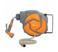 Durhand enrollador de manguera para jardín 10+1 m con boquilla de 7 funciones, carrete de manguera de jardín de pared, giratorio 180°, con retorno enrollado automático, gris oscuro y naranja