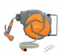 Durhand enrollador de manguera para jardín 10+1 m con boquilla de 7 funciones, carrete de manguera de jardín de pared, giratorio 180°, con retorno enrollado automático, gris oscuro y naranja