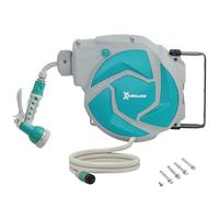 Durhand enrollador de manguera para jardín 10+1 m con boquilla de 7 funciones, carrete de manguera de jardín de pared, giratorio 180°, con retorno enrollado automático, gris claro y verde
