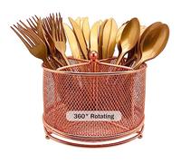 DysanVica Organizador de utensilios de metal giratorio de 360 grados, 4 compartimentos, tenedor, cuchara, servilletas, organizador de cubiertos, cesta de almacenamiento de cubiertos, fiesta, encimera