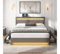 Easexcy 140 x 190 cm Avec Quatre tiroirs de Rangement, sans matelas, diseño de poliuretano Litchi, gris (gris, 140 cm x 190 cm)