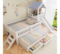 Easexcy Cama infantil de 90 x 200 cm, con cama nido de 90 x 190 cm, con | Casa cuna con tobogán,con escalera lateral,con cajones,litera con marco de madera maciza y techo de tela
