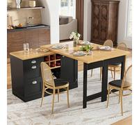 Easexcy Mesa de bar multifuncional con espacio de almacenamiento, isla de cocina extensible con botellero y cajón, asas de metal, giratorio 360°, plegable 197 x 80 x 74 cm (negro)
