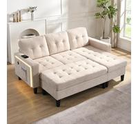 Easexcy Sofá modular multifuncional en forma de L de 185 cm, color beige con iluminación LED y reposapiés grande, sofá cama convertible