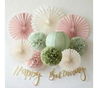EASY JOY Decoraciones de color verde salvia y rosa: pompones de papel de seda, linternas, abanicos de papel beige. Decoración de cumpleaños neutra para mujeres, niñas, cumpleaños y baby showers