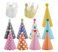 EASYKEENECOM 11 sombreros de fiesta de cumpleaños con pompones, sombreros de fiesta, gorros de cono, sombrero de cumpleaños, corona de cumpleaños para niños, decoración para cumpleaños infantiles, 26