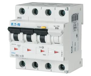 EATON FRBM6-B16/3N/003-A, dispositivo de protección contra sobrecorriente y fuga a tierra, referencia 170988, 16A, 30mA, curva de disparo LS-B, 3 polos + neutro, características de disparo: A
