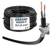 EBROM Cable de plástico redondo, cable, cable de alimentación, cable, cable de dispositivo H05VV-F 2 x 1,0 mm², color: negro, muchas longitudes en incrementos de 5 metros de hasta 200 metros 2 x 1