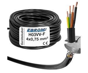 EBROM - línea de manguera de plástico cable de dispositivo de línea de cable LED redondo H03VV-F 4x0,75 mm², negro, 20 m