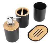 EBTOOLS Juego de 4 accesorios para cuarto de baño completos, juego de baño con soporte para cepillos de dientes, portajabón, dispensador de loción y botella, de plástico y bambú (negro)