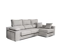 ECCOX - Sofá Chaise Longue Rubí 3 Plazas - Asientos Deslizantes, Cabeceros Reclinables y Arcón de Almacenaje - Cojines y Pufs Incluidos - Chaiselonge Derecha Tapizado en Tela Antimanchas - Color Gris
