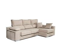 ECCOX - Sofá Chaise Longue Rubí 3 Plazas - Asientos Deslizantes, Cabeceros Reclinables y Arcón de Almacenaje - Cojines y Pufs Incluidos - Chaiselonge Derecha Tapizado en Tela Antimanchas - Color Beige
