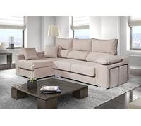 ECCOX - Sofá Chaise Longue Rubí 3 Plazas - Asientos Deslizantes, Cabeceros Reclinables y Arcón de Almacenaje - Cojines y Pufs Incluidos - Chaiselonge Izquierda Tapizado Tela Antimanchas - Color Beige