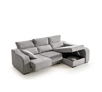 ECCOX - Sofá Chaise Longue Zafiro de 3 Plazas - Asientos Deslizantes, Cabeceros Reclinables y Arcón de Almacenaje - Chaiselonge Derecha Tapizado en Tela Antimanchas - Color Gris