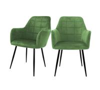 ECD Germany Set 2X Sillas de Comedor Verde Salvia Asiento Moderno Tapizado de Terciopelo Patas de Metal Negras, Respaldo y Reposabrazos Ergonómicos Sillón Moderno para Salón Oficina Dormitorio Cocina