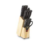 ECHTWERK "Basic" - Juego de 14 cuchillos de cocina con elegante bloque de madera de pino, incluye tijeras, piedra de afilar, cuchillo para pan y carne, ideal para principiantes