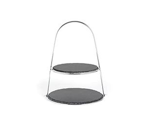 ECHTWERK Etagere/Bandeja para repostería, Fruta, Queso y postres con 2 Niveles de Pizarra Natural y asa de Lazo, Soporte para repostería, Edición Plata, Ø Platos de Pizarra Aprox. 25/30 cm