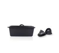 ECHTWERK Fuente para hornear pan, Fuente para hornear con tapa hecha de hierro fundido, Preestañada, Ya horneada, Bandeja para pan, Guantes de silicona para horno, negro, 2,5 L, Ø28,5x12,3cm