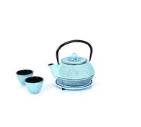 Echtwerk Juego de Té de Hierro Colado - Tetera de 0,8 L Con Filtro Extraíble, Platillo y 2 Tazas - Estilo Vintage Para Té Suelto, Azul Claro