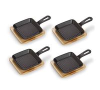 ECHTWERK sartén de hierro fundido para servir, plato cuadrado con tabla para servir, rayas de parrilla, ya cocido, apto para horno, parrilla y barbacoa, ideal para servir, 4 piezas.