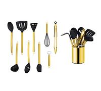 ECHTWERK Utensilios de cocina, juego de utensilios de cocina de 10 piezas, utensilios de cocina con mango de acero inoxidable, soporte para utensilios, silicona antiadherente, edición dorada