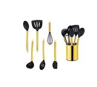 ECHTWERK Utensilios de cocina, juego de utensilios de cocina de 7 piezas, utensilios de cocina con mango de acero inoxidable, soporte para utensilios, silicona antiadherente, edición dorada