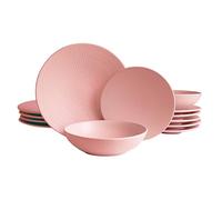 ECHTWERK Vajilla vintage de 12 piezas, diseño Nature "Blanka", para 4 personas, elegante vajilla de gres con estructura con 4 x platos llanos, 4 x platos hondos, 4 x platos soperos, rosa