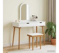 Eclith Juego de tocador FAUSKE 3 piezas blanco 100 x 50 x 143 cm con espejo, espacio de almacenamiento y taburete para dormitorio, baño, vestidor, elegante mesa de maquillaje con cajones y organizador