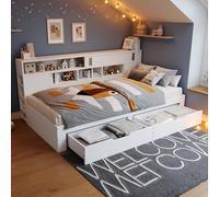ECLIVON Sofa Cama Infantil 90x190, Camas Infantiles con 2 Cajones, Camas con Puerta y Estanterias Almacenaje, Sofá Cama Individual con Somier y Láminas para Niñas y Niños, Sin Colchón, Blanco