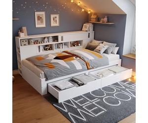 ECLIVON Sofa Cama Infantil 90x200, Camas Infantiles con 2 Cajones, Camas con Puerta y Estanterias Almacenaje, Sofá Cama Individual con Somier y Láminas para Niñas y Niños, Sin Colchón, Blanco