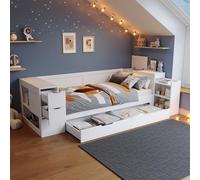 ECLIVON Sofa Cama Infantil 90x200, Camas Infantiles con 4 Cajones y Extensible Estanterias Almacenaje, Sofá Cama Individual con Somier y Láminas de Madera para Niñas y Niños, Sin Colchón, Blanco