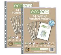 eco-eco A4 100% reciclado, bolsillos multiperforados, cristal, transparente, protector de hoja de poli, 90 micras (2 paquetes de 100), eco057x2