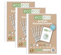 eco-eco eco010x3 - Protector de hojas de poliéster transparente con bolsillos multiperforados, 100% reciclado, 45 micras, 3 paquetes de 100 carteras