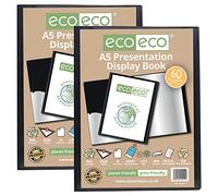 eco-eco Eco019x2 - Cuaderno de presentación de 60 bolsillos, tamaño A5, 50% reciclado, color negro, estuche de almacenamiento, carpeta de arte con fundas de plástico, paquete de 2
