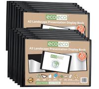 eco-eco Eco096x12 - Libro de presentación de paisaje negro con 20 bolsillos, tamaño A3, 50% reciclado, con fundas de plástico, paquete de 12 carpetas