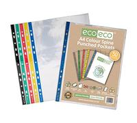 eco-eco Eco107 - Funda de plástico transparente (100% reciclado, varios bolsillos perforados, transparente, 45 micrones (paquete de 50), color transparente