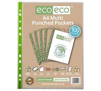 eco-eco eco113 - Protector de hojas para billetera tamaño A4 100% reciclado con múltiples bolsillos perforados, transparente, 65 micras (paquete de 100 unidades)